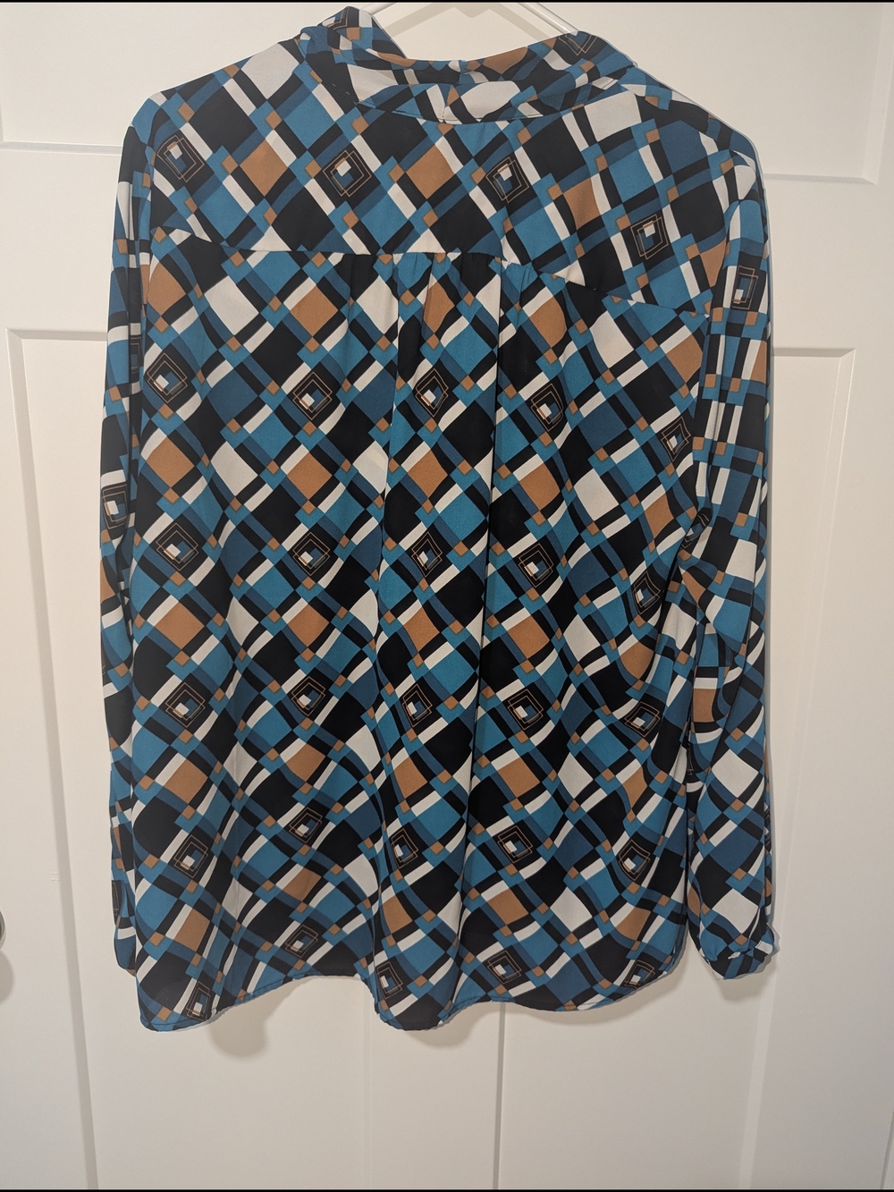 Nine West Blue Geometric Tie-Neck Blouse - Picture 3 of 3